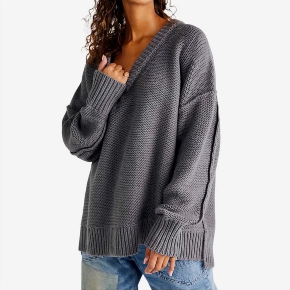 Free People Charcoal Chunky-Knit Alli V-Neck Sweater Size Small